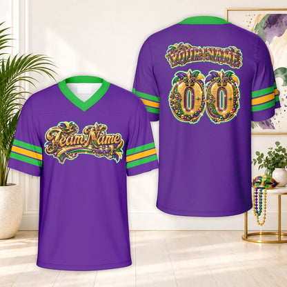 Personalized purple mardi football jersey with custom name and number, Mardi Gras theme front view