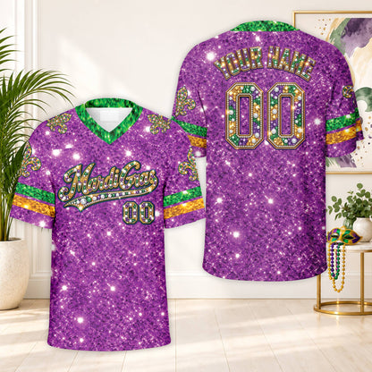 Front view of the Mardi Gras football jersey with purple accents and fleur-de-lis details