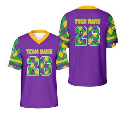 Front view of personalized purple mardi gras football jersey with custom name and number