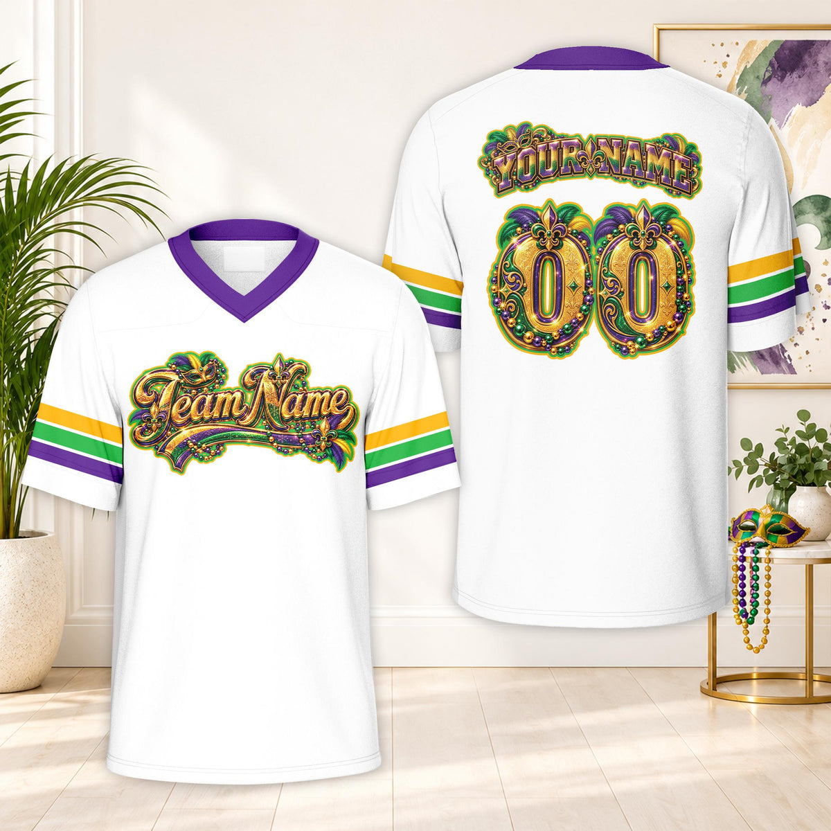 White customized football jersey with Mardi Gras theme and gold accents, front view