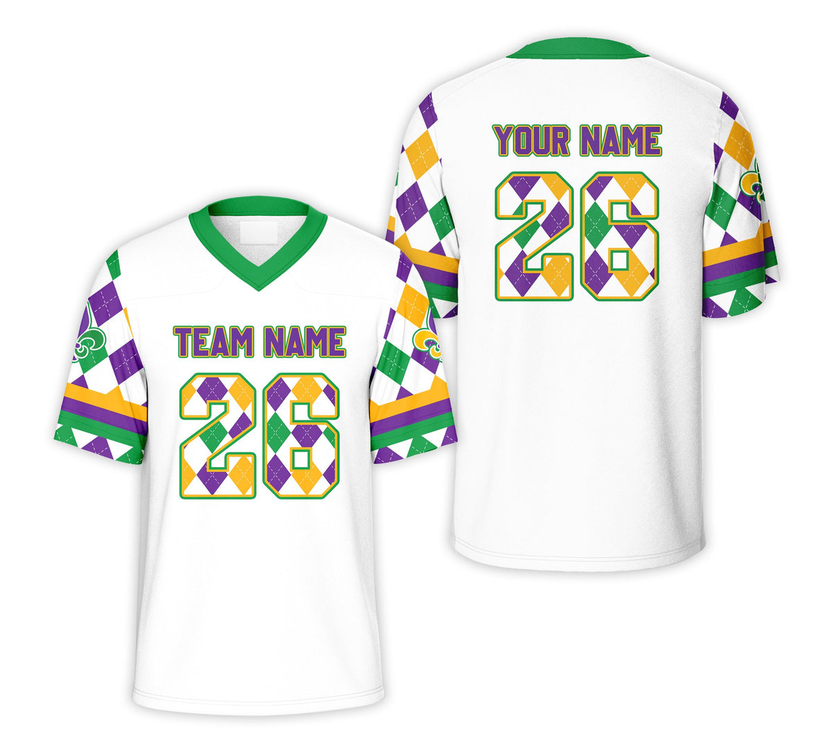 Front view of personalized white mardi gras football jersey with custom name and number