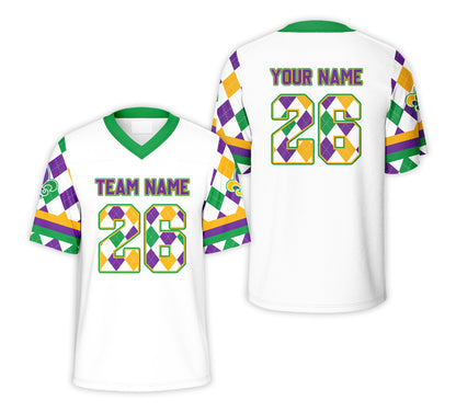 Front view of personalized white mardi gras football jersey with custom name and number