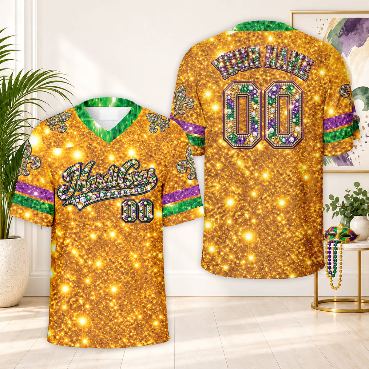 Main view of the personalized mardi football jersey with yellow faux glitter accents