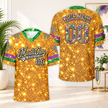 Main view of the personalized mardi football jersey with yellow faux glitter accents