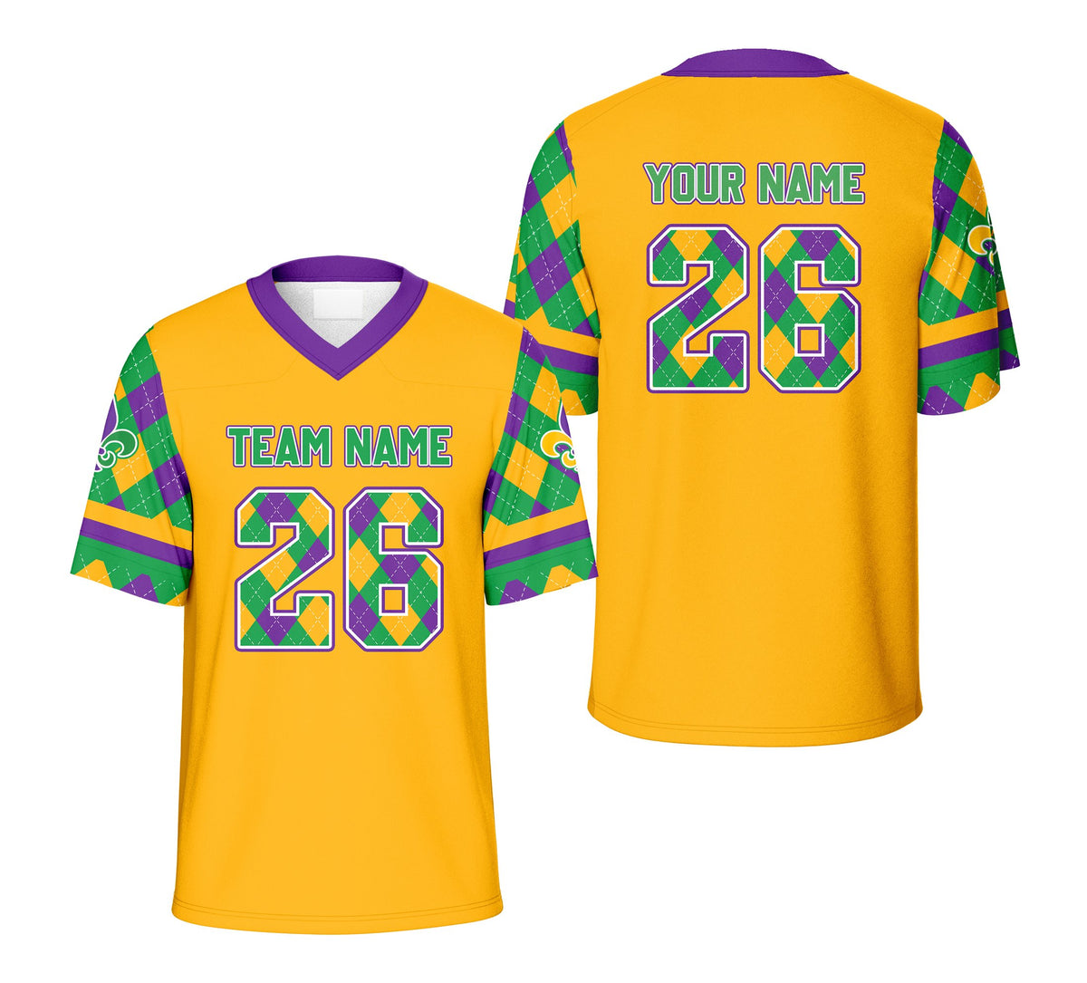Front view of personalized yellow mardi gras football jersey featuring fleur-de-lis sleeve details