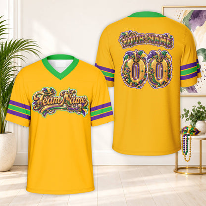 Yellow personalized football jersey featuring festive Mardi Gras elements, front view