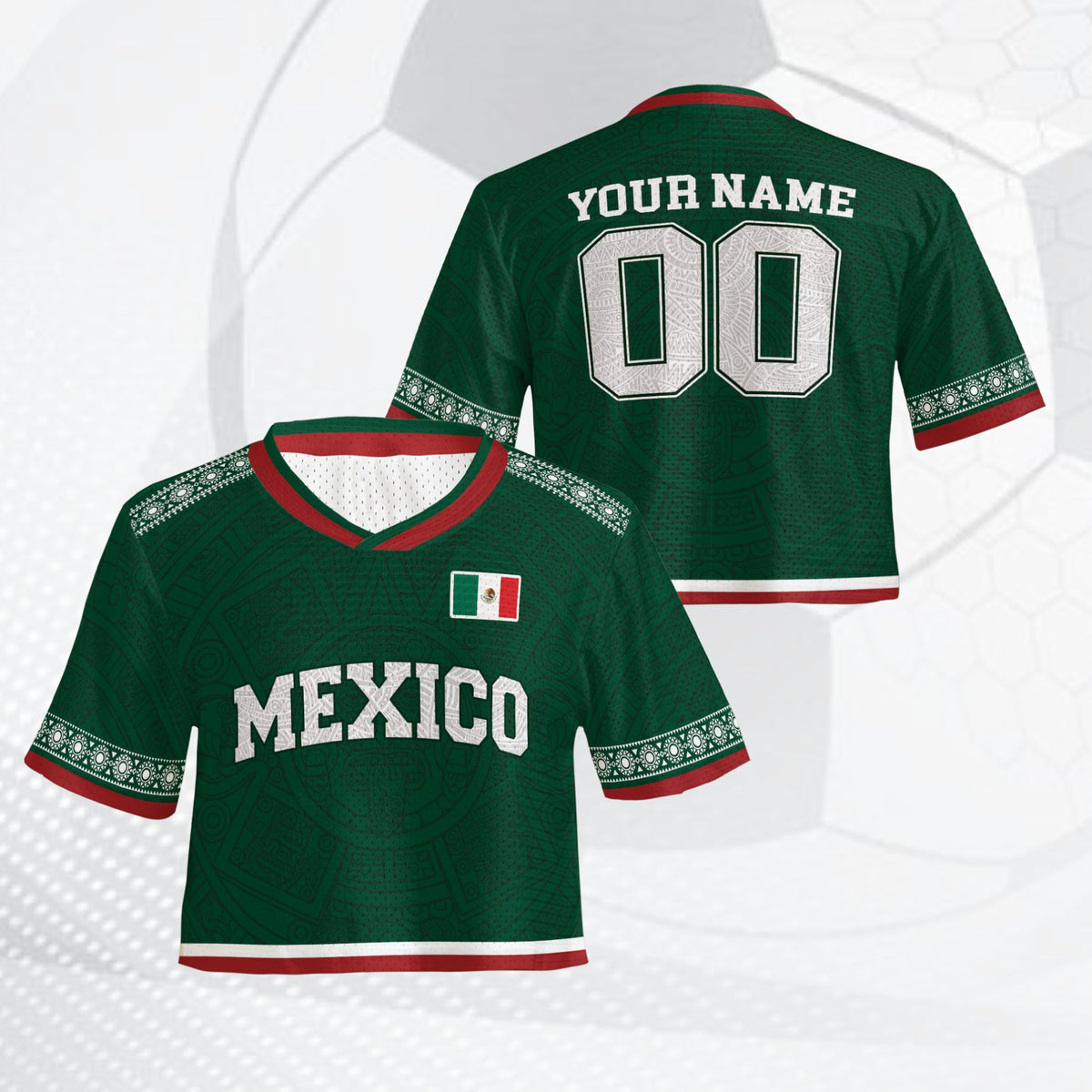 Front view of the green personalized Mexico football jersey with Aztec design