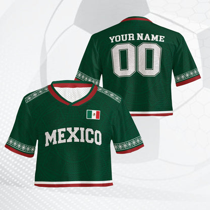 Front view of the green personalized Mexico football jersey with Aztec design