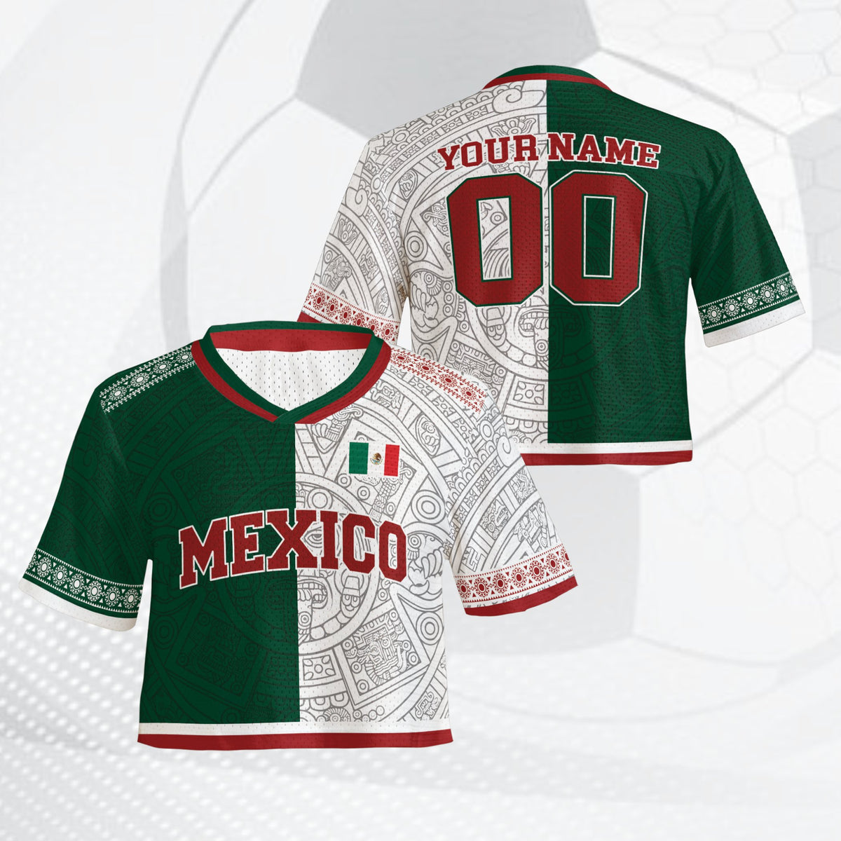 Front view of the multicolor personalized Mexico football jersey featuring Aztec motifs