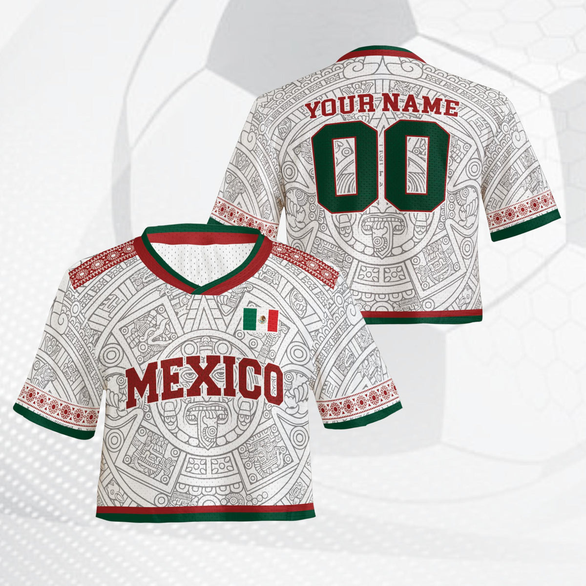 Front view of the white personalized Mexico football jersey with abstract pattern