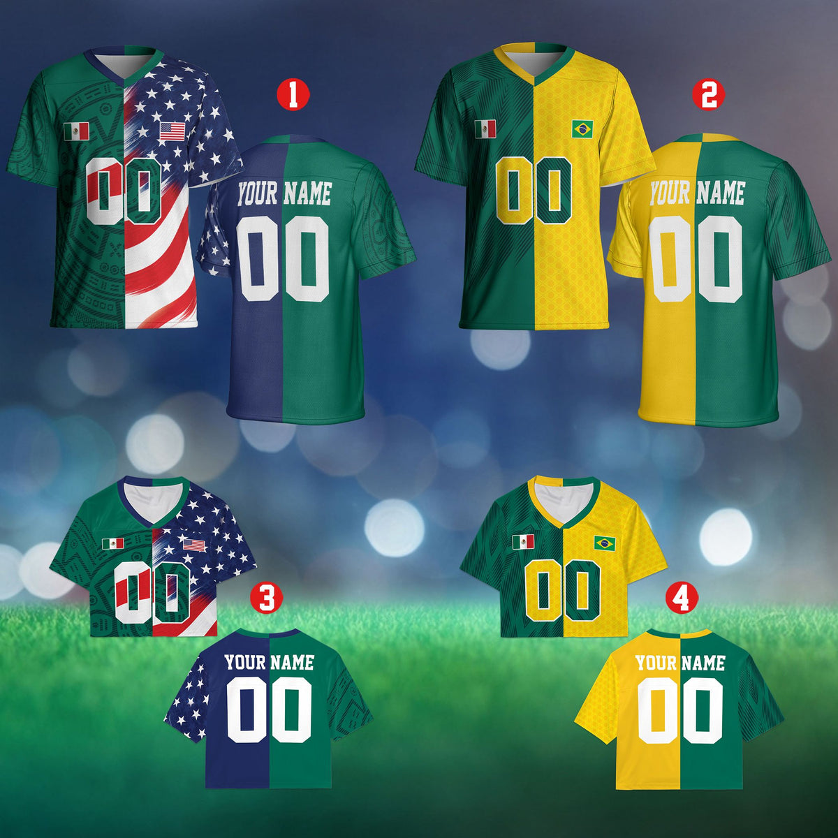 Personalized green national football jersey with split flags and custom name and number, main view
