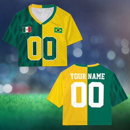 Front view of the half-and-half Mexico and Brazil national flag football jersey