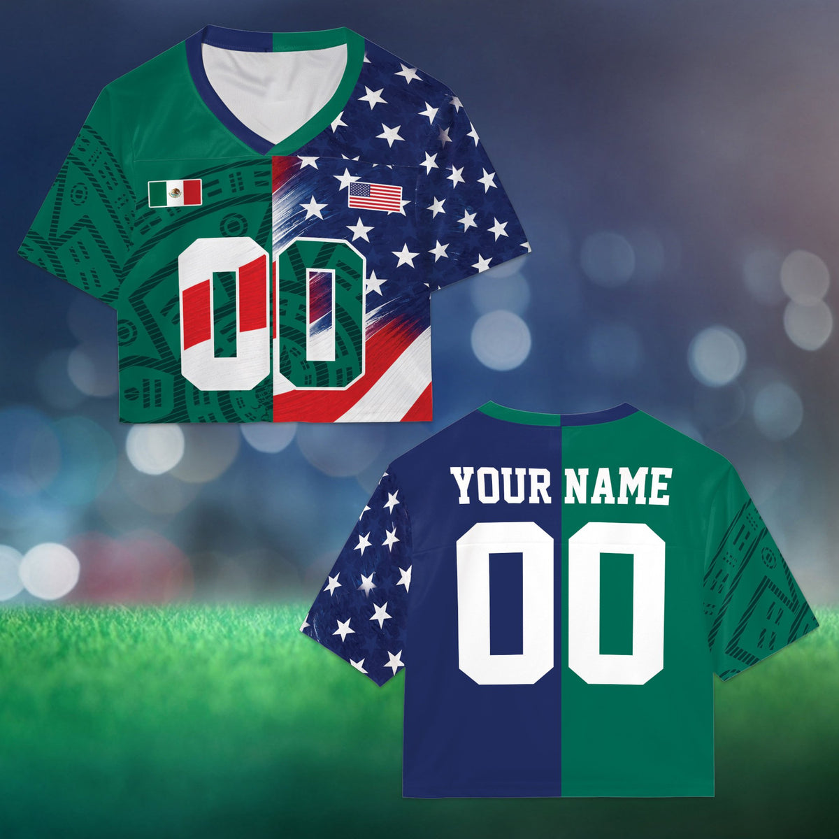 Detailed front view of the Mexico and USA split flag design on a custom football jersey
