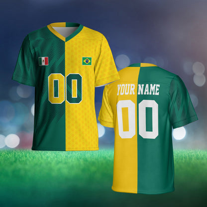 Detailed front view of the Mexico and Brazil split flag design on a personalized football jersey