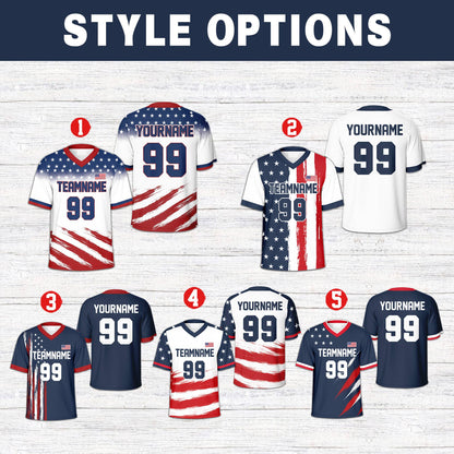 Front view of multicolor personalized patriotic football jersey