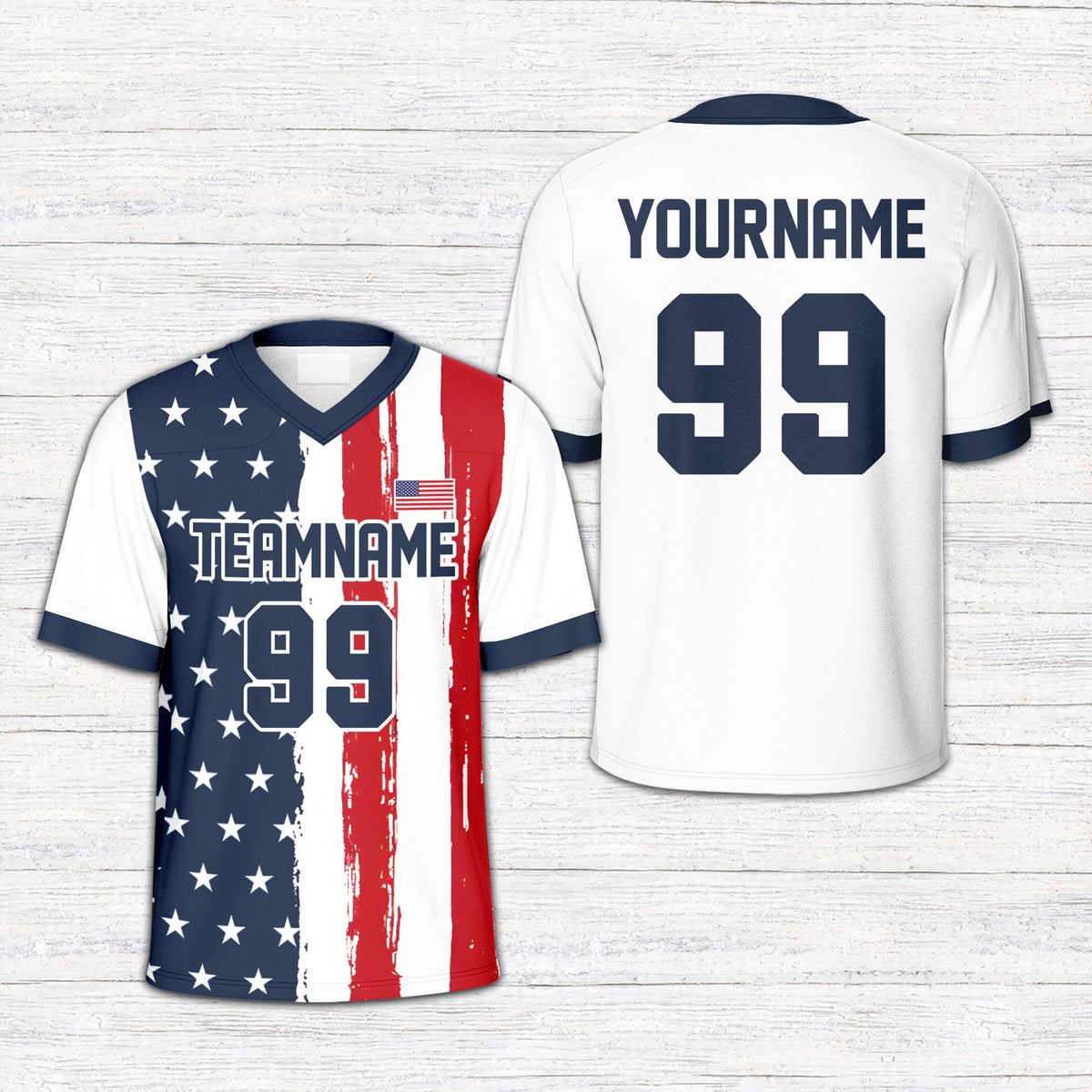 Front view of personalized patriotic football jersey with flag elements