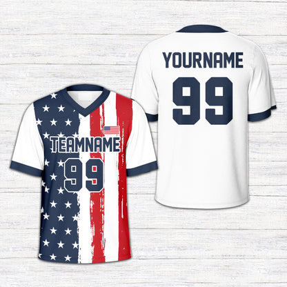 Front view of personalized patriotic football jersey with flag elements