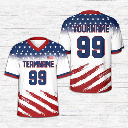 Front view of multicolor custom patriotic football jersey design
