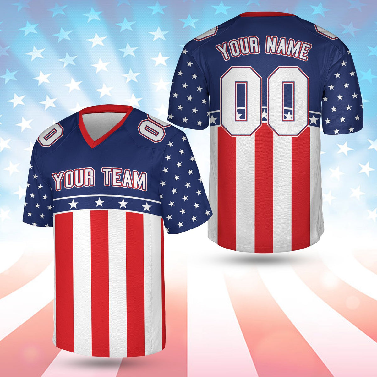 Multicolor patriotic football jersey featuring stars and stripes, personalized with custom name and number, front view alternate