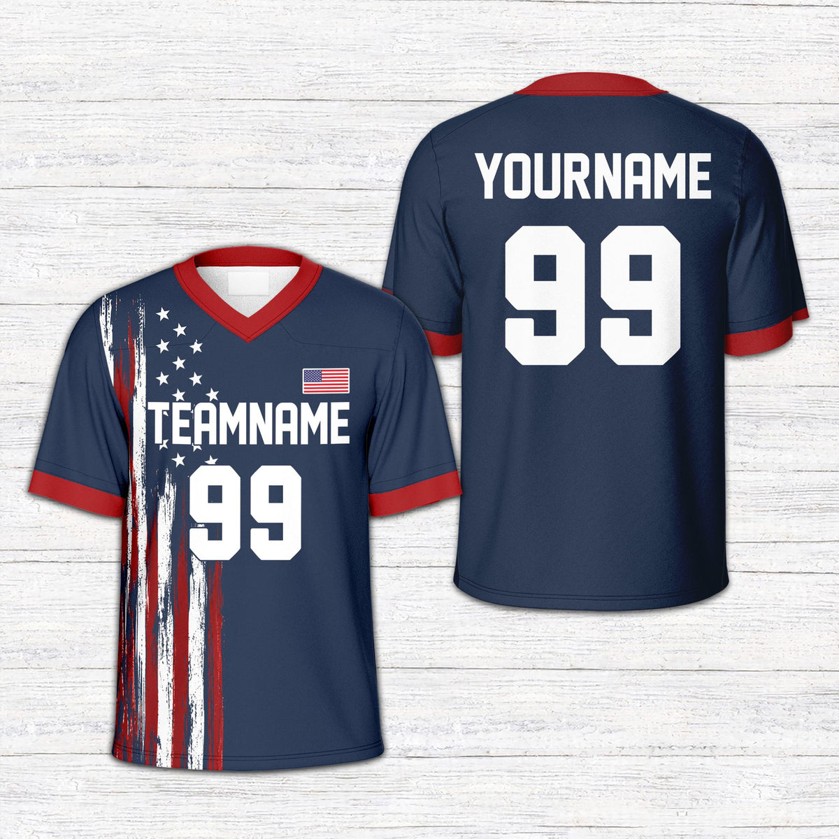 Front view of navy patriotic football jersey variation