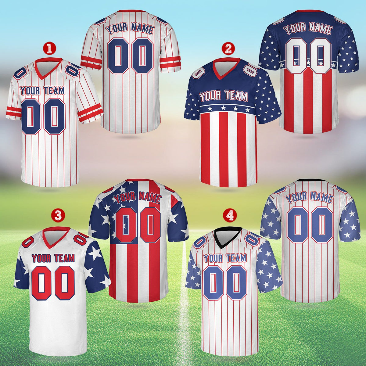 Patriotic football jersey displaying side and sleeve stars pattern