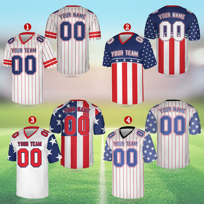 Patriotic football jersey displaying side and sleeve stars pattern