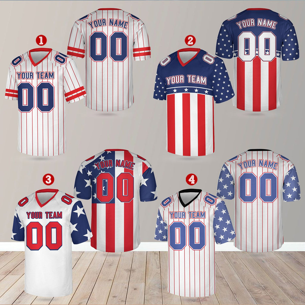 Close-up of the stars and stripes pattern on the patriotic football jersey