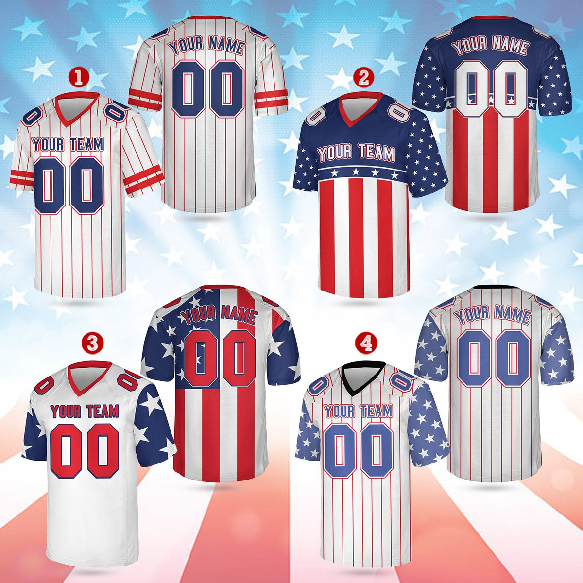Red patriotic football jersey showing custom name and number details