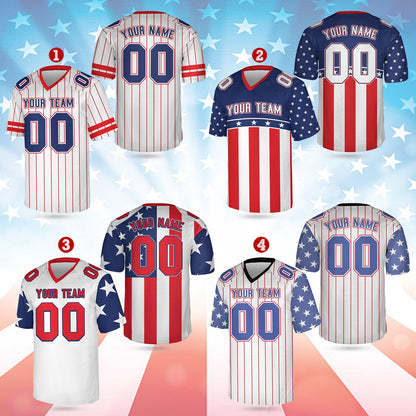 Red patriotic football jersey showing custom name and number details