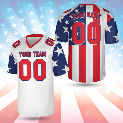 White patriotic football jersey with red and blue accents, personalized with custom name and number, front view alternate