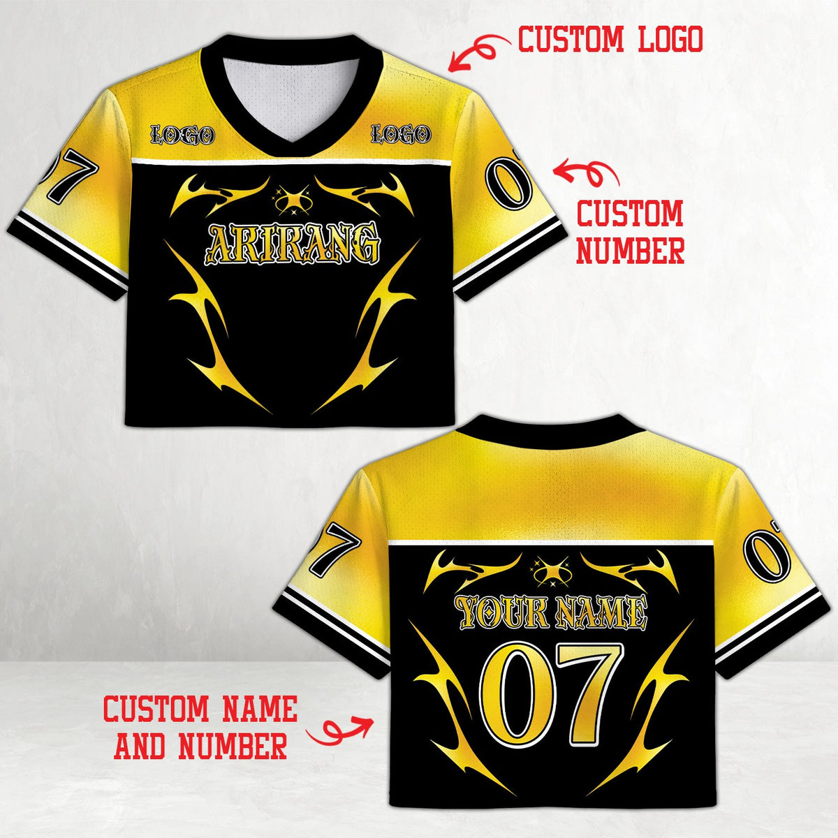 Black custom football jersey showing Arirang text