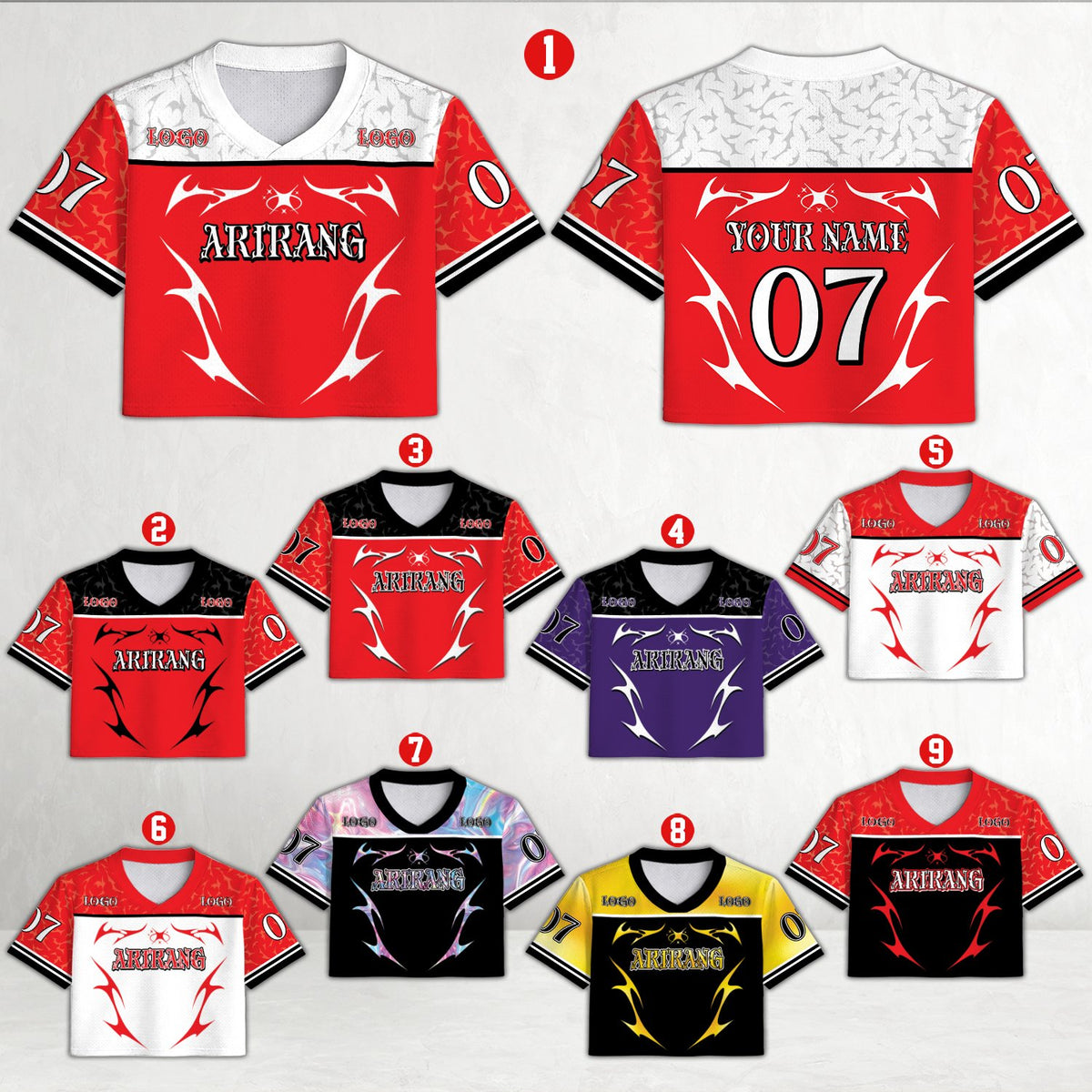 Multicolor retro y2k football jersey showing tribal flame design