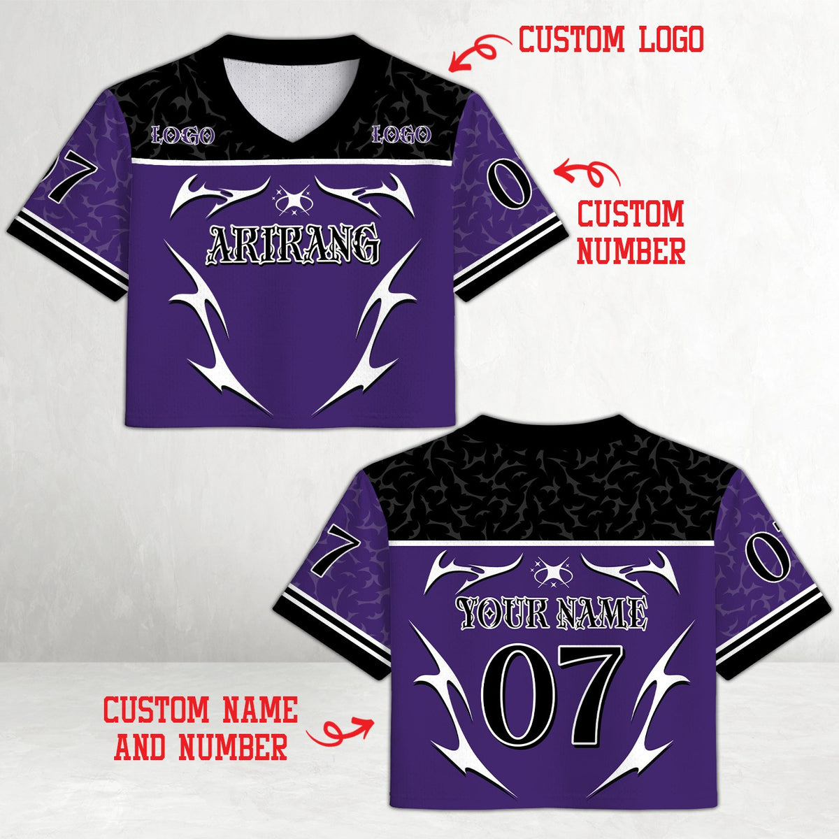 Purple custom football jersey with retro y2k aesthetic