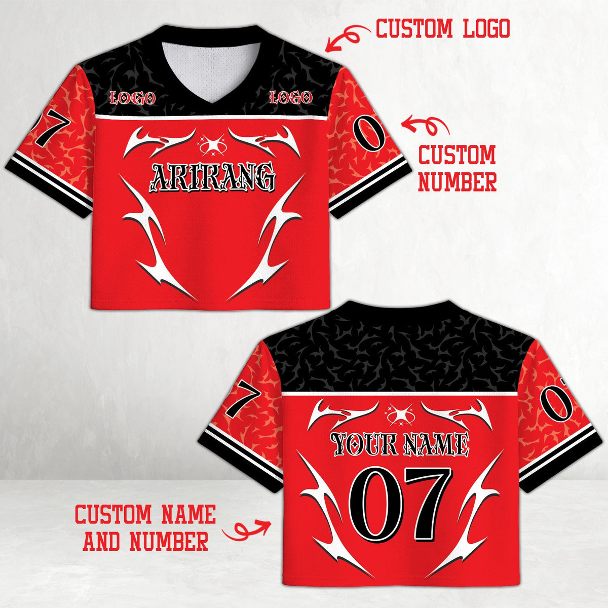 Red retro y2k football jersey with tribal flame graphics