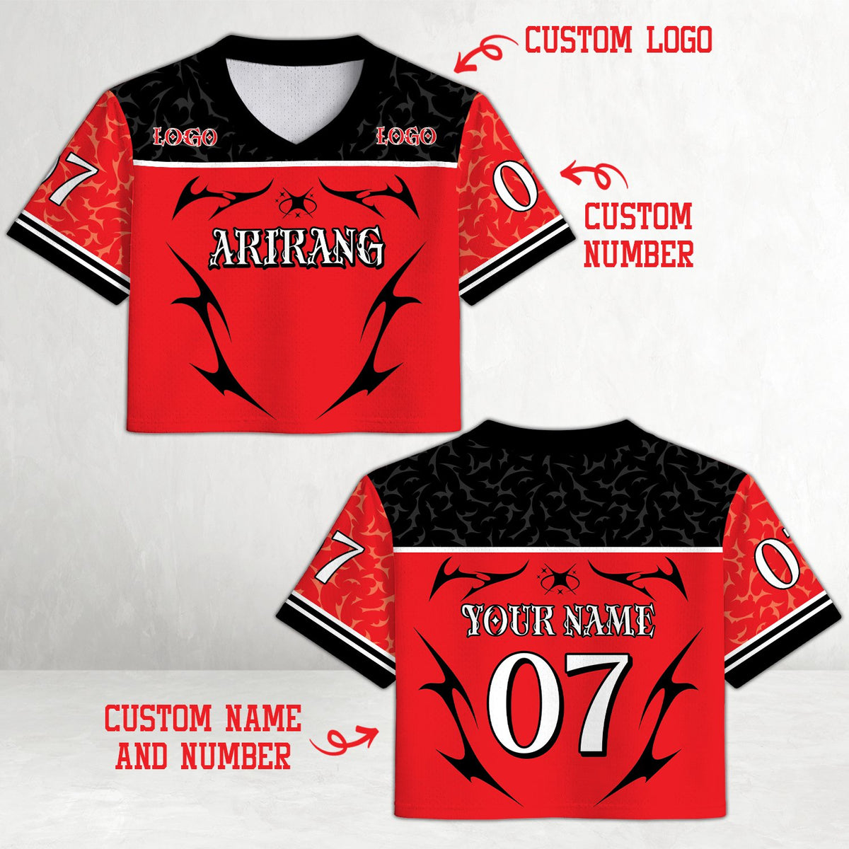 Personalized red retro y2k football jersey with custom name and number, front view
