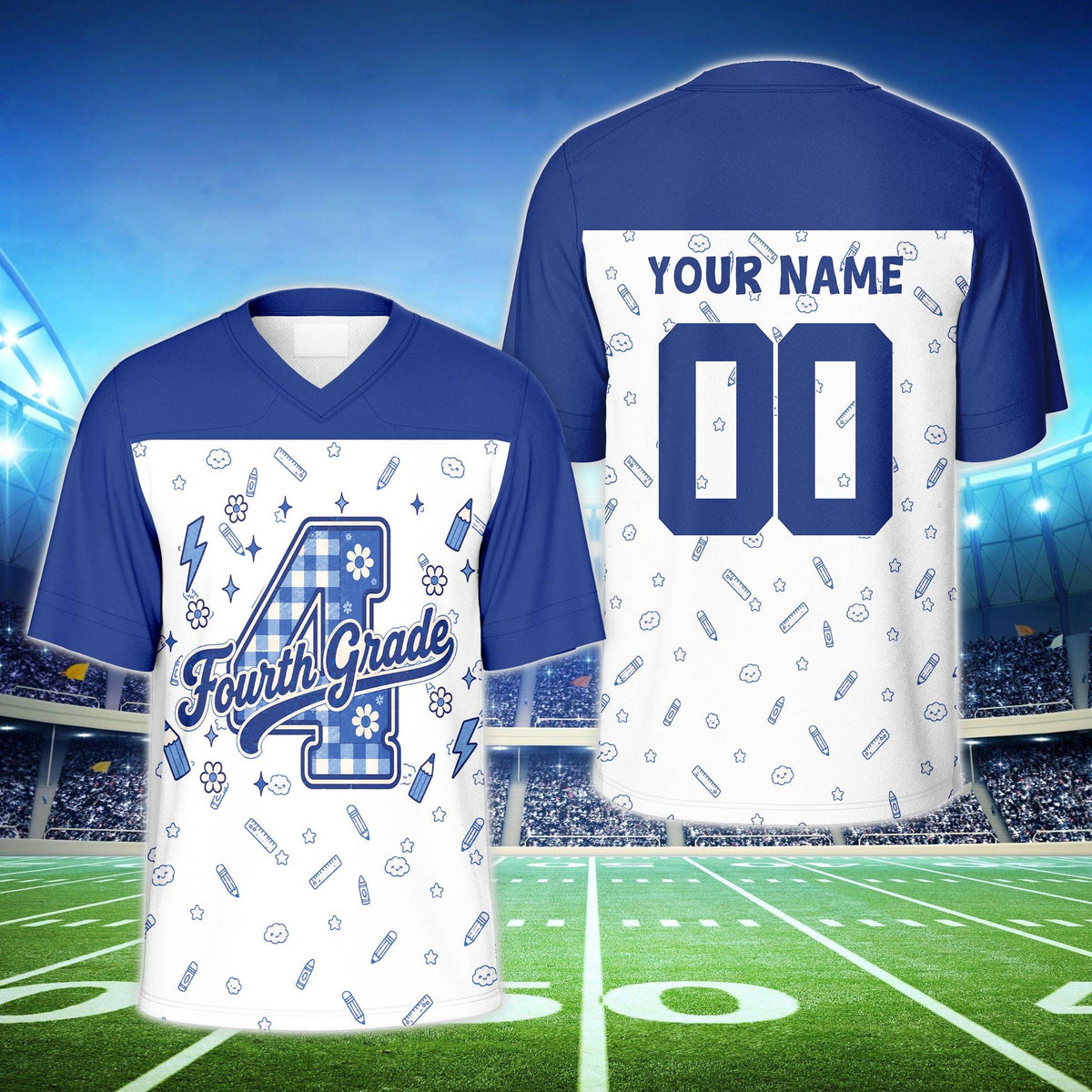 Blue shoulder custom name and number football jersey with school doodles, front view