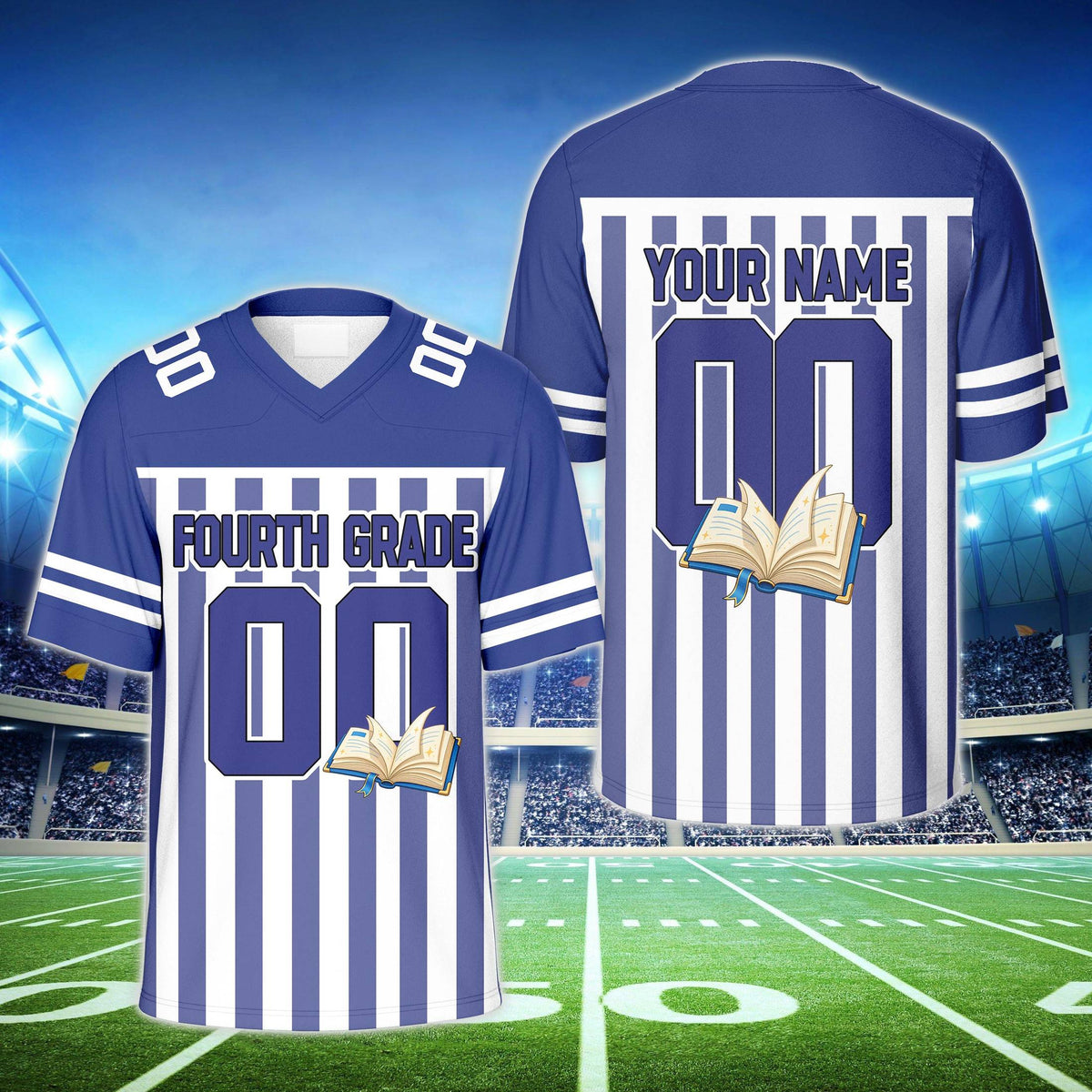 Blue football jersey with custom name, school book graphic and vertical stripes, front view
