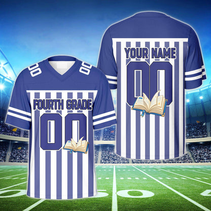 Blue football jersey with custom name, school book graphic and vertical stripes, front view