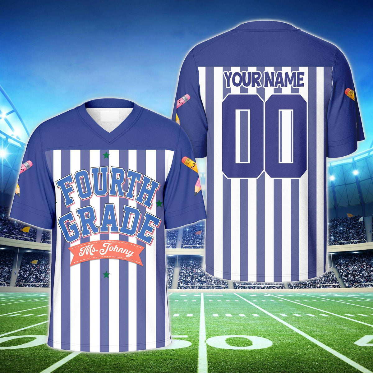 Blue school theme football jersey, front view