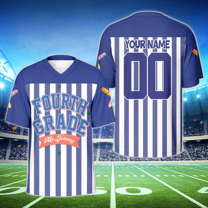 Blue school theme football jersey, front view