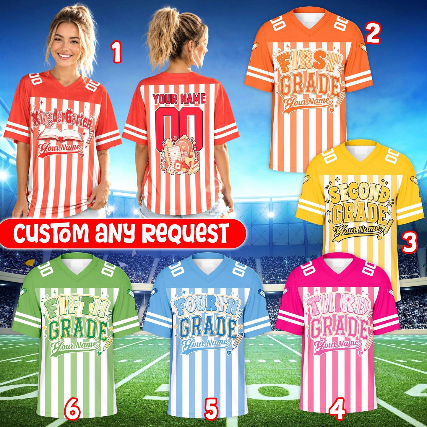 Women's personalized football jersey with back to school theme and vertical stripes, front view