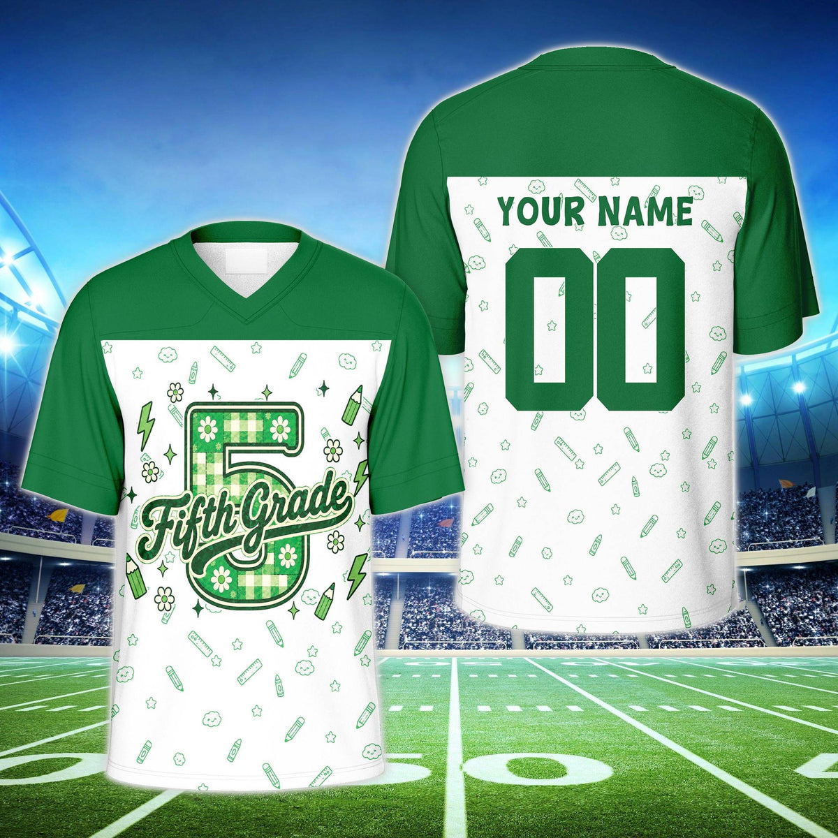 Green shoulder custom name and number football jersey with school doodles, front view