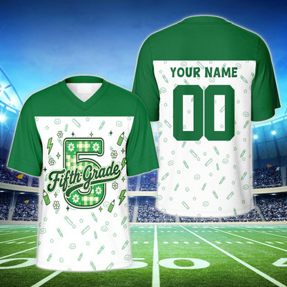 Green shoulder custom name and number football jersey with school doodles, front view