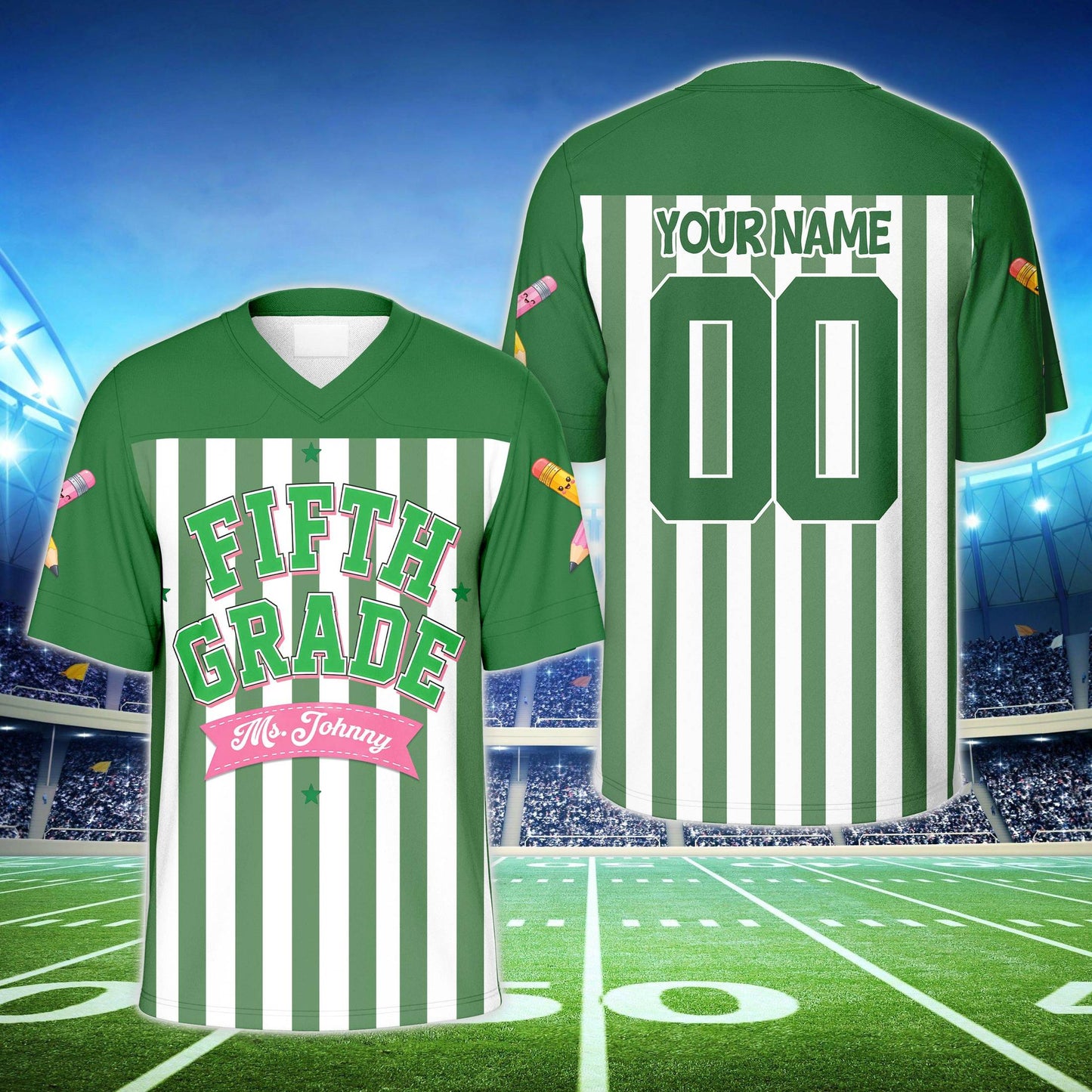 Green adult football jersey custom name design featuring school theme and pencil graphics on sleeves, front view