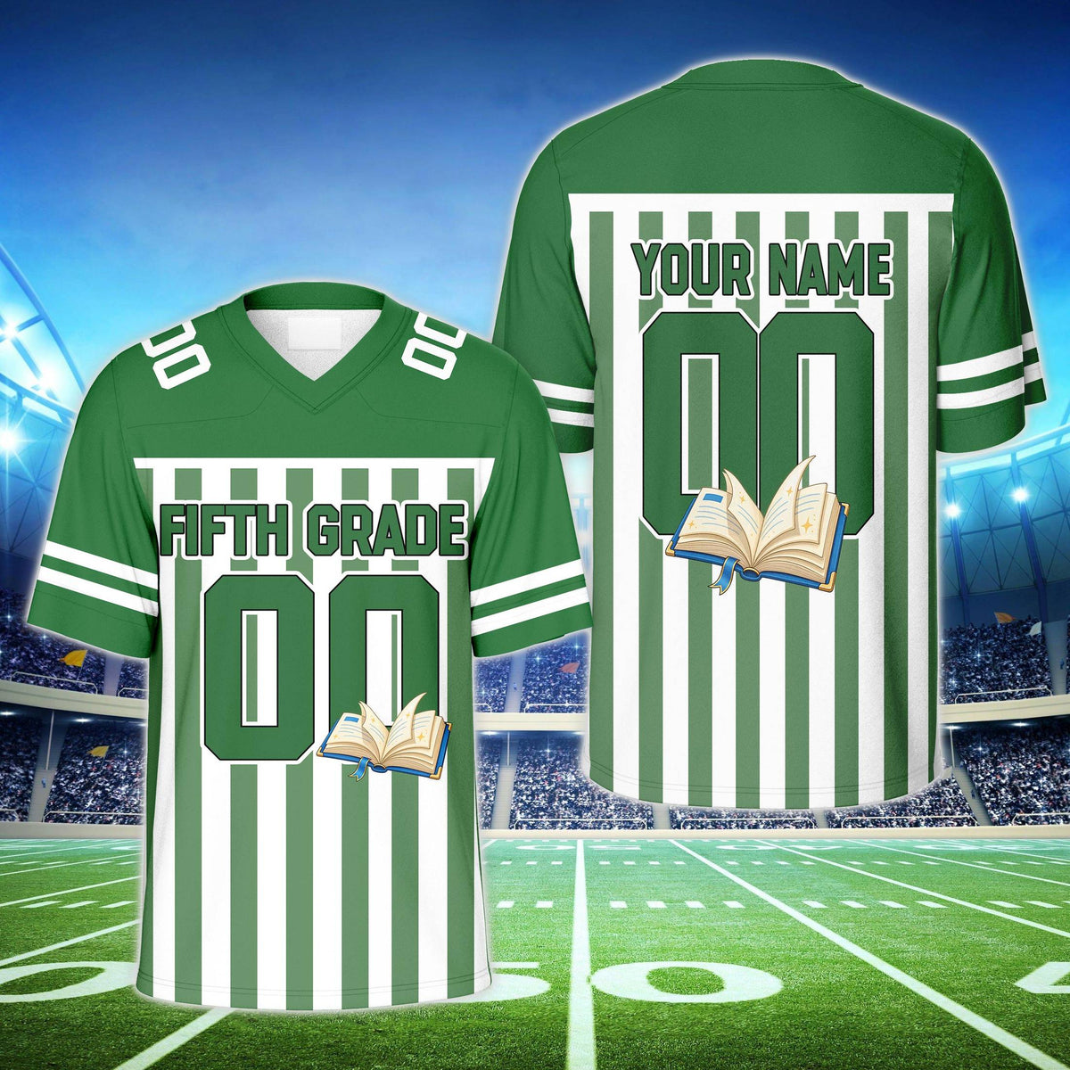 Green football jersey with custom name and school design, alternate view