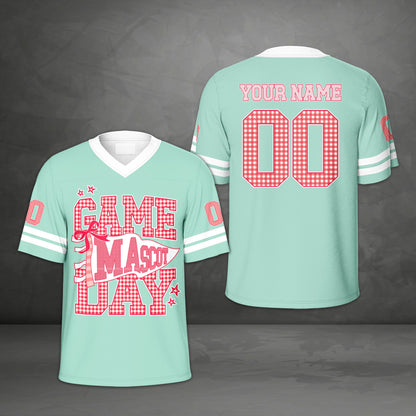 Green plaid football jersey with school mascot game day design, front view
