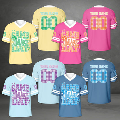 Multicolor custom football jersey featuring plaid text, front view