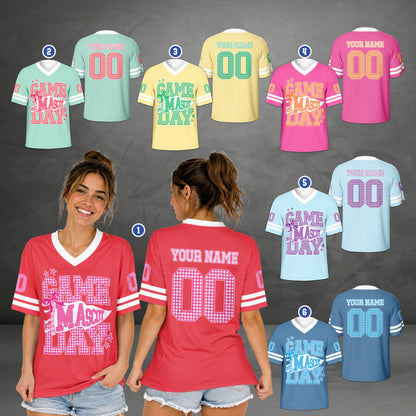 Lifestyle view of personalized mascot football jersey on an adult model