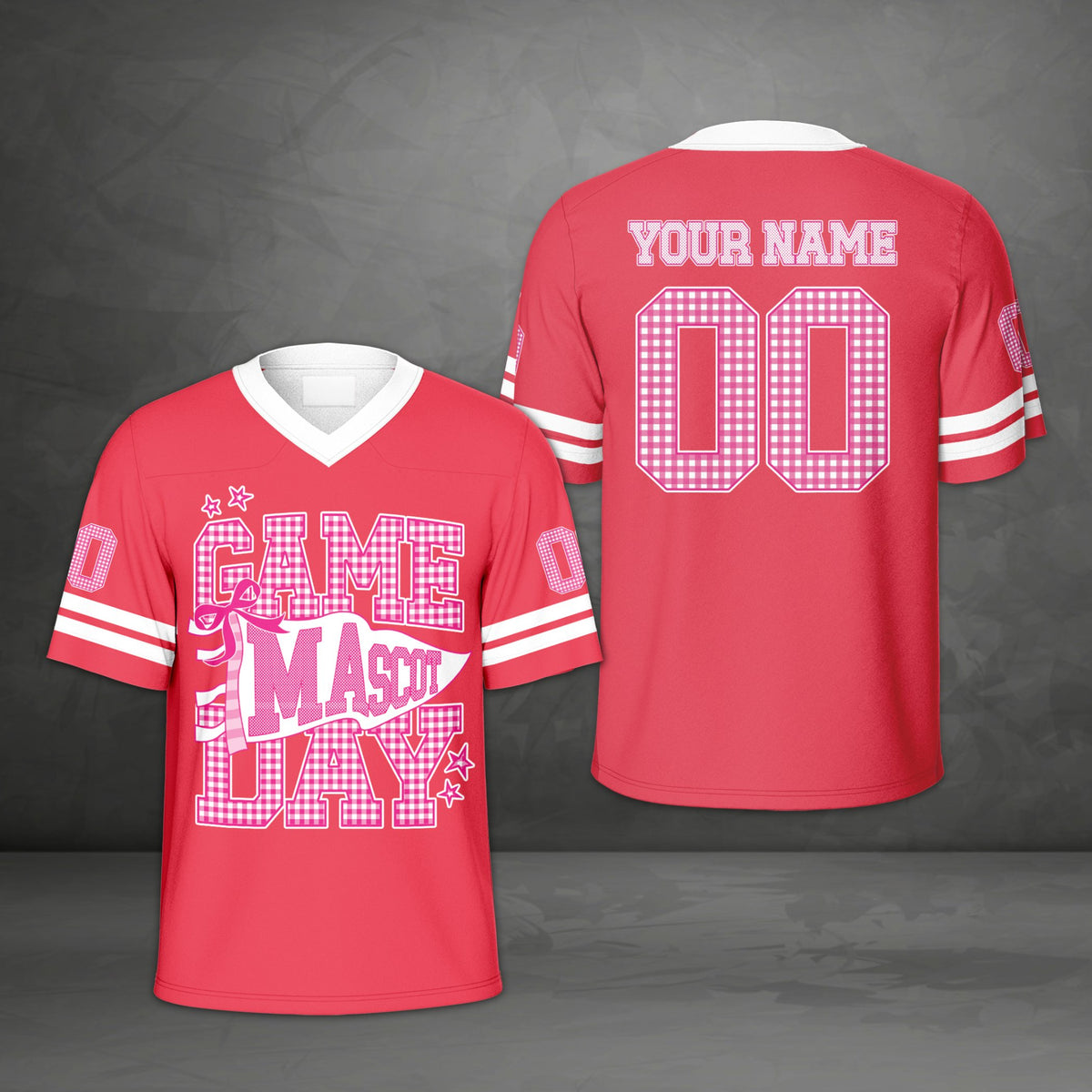 Pink school football jersey with custom name and number, front view