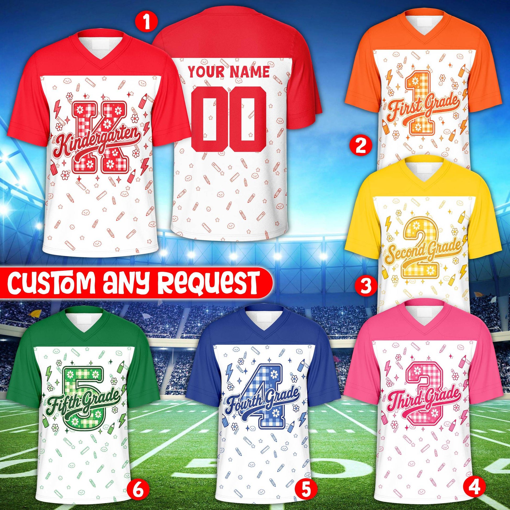 Detailed view of multicolored school doodles on a custom football jersey